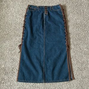 vintage denim lace up maxi skirt